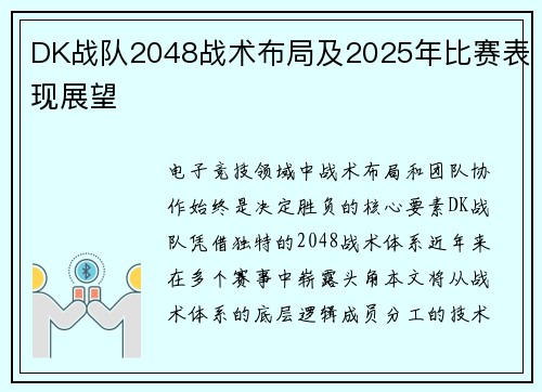 DK战队2048战术布局及2025年比赛表现展望