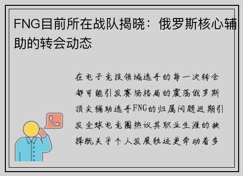 FNG目前所在战队揭晓：俄罗斯核心辅助的转会动态